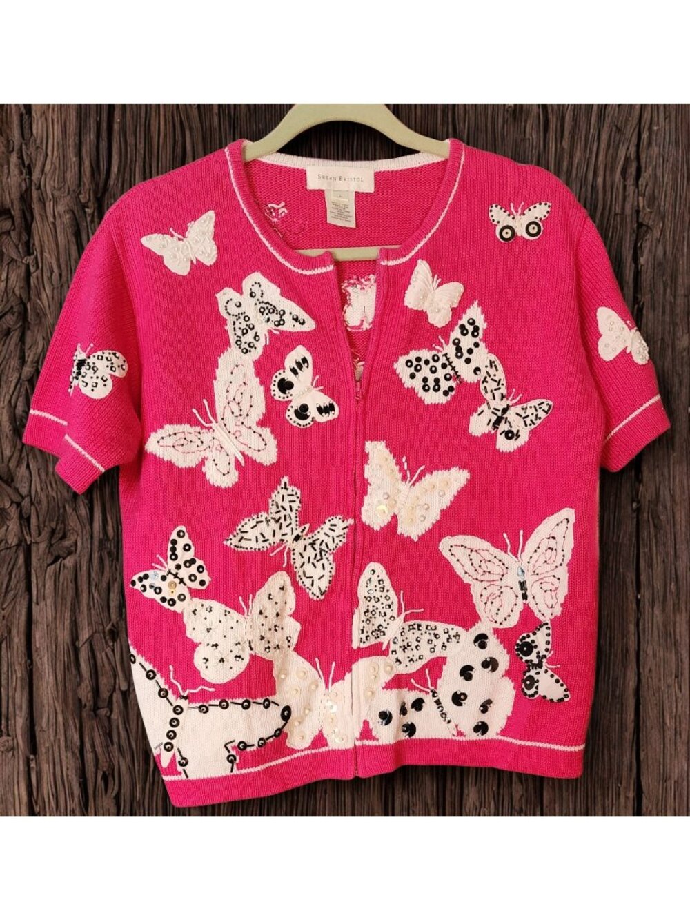 Susan Bristol Butterfly Hot Pink Cardigan L NWT Hand Embroidered Beaded Y2K